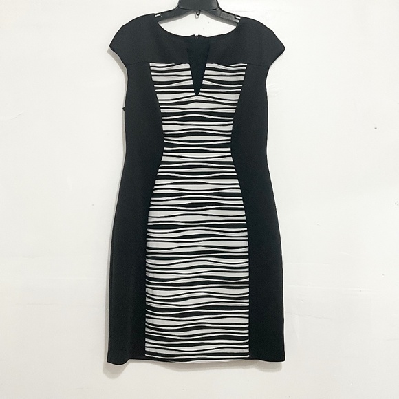 CONNECTED APPAREL Women Color Block Sheath Dress Slpit-Neck Cap Sleeve Size 12 - Picture 3 of 8